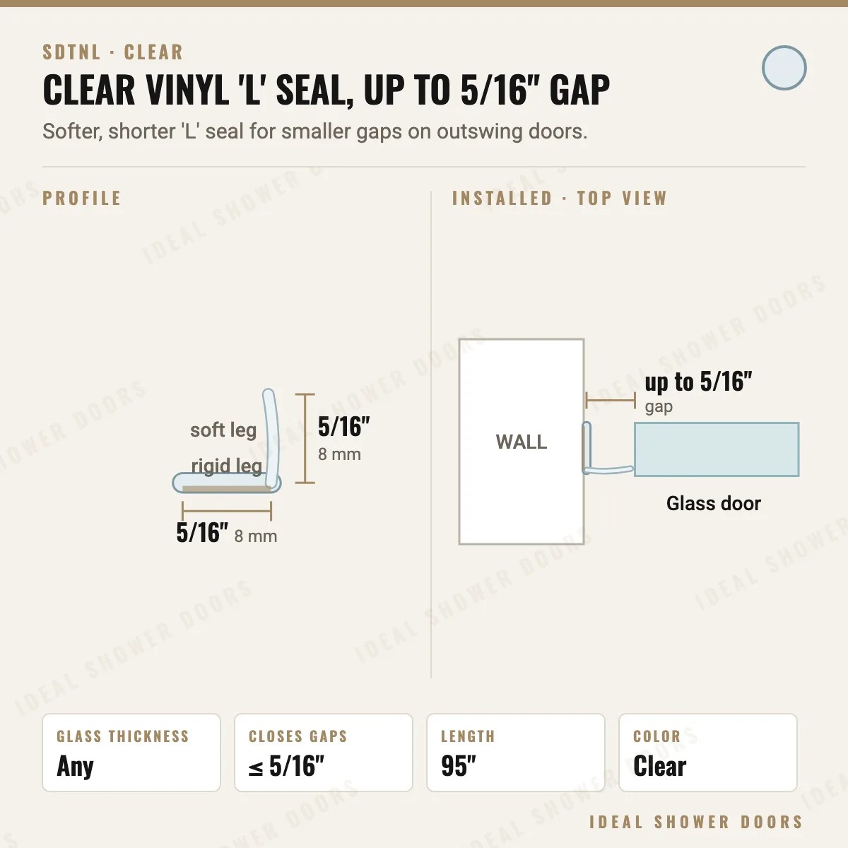 CRL SDTNL Clear Vinyl 'L' Seal, up to 5/16" Gap drawing