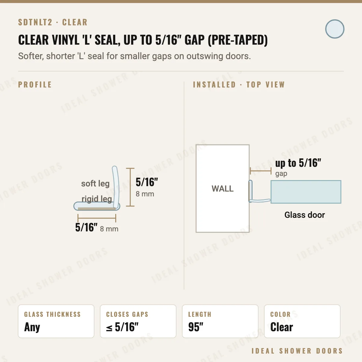 CRL SDTNLT2 Clear Vinyl 'L' Seal, up to 5/16" Gap (Pre-Taped) drawing