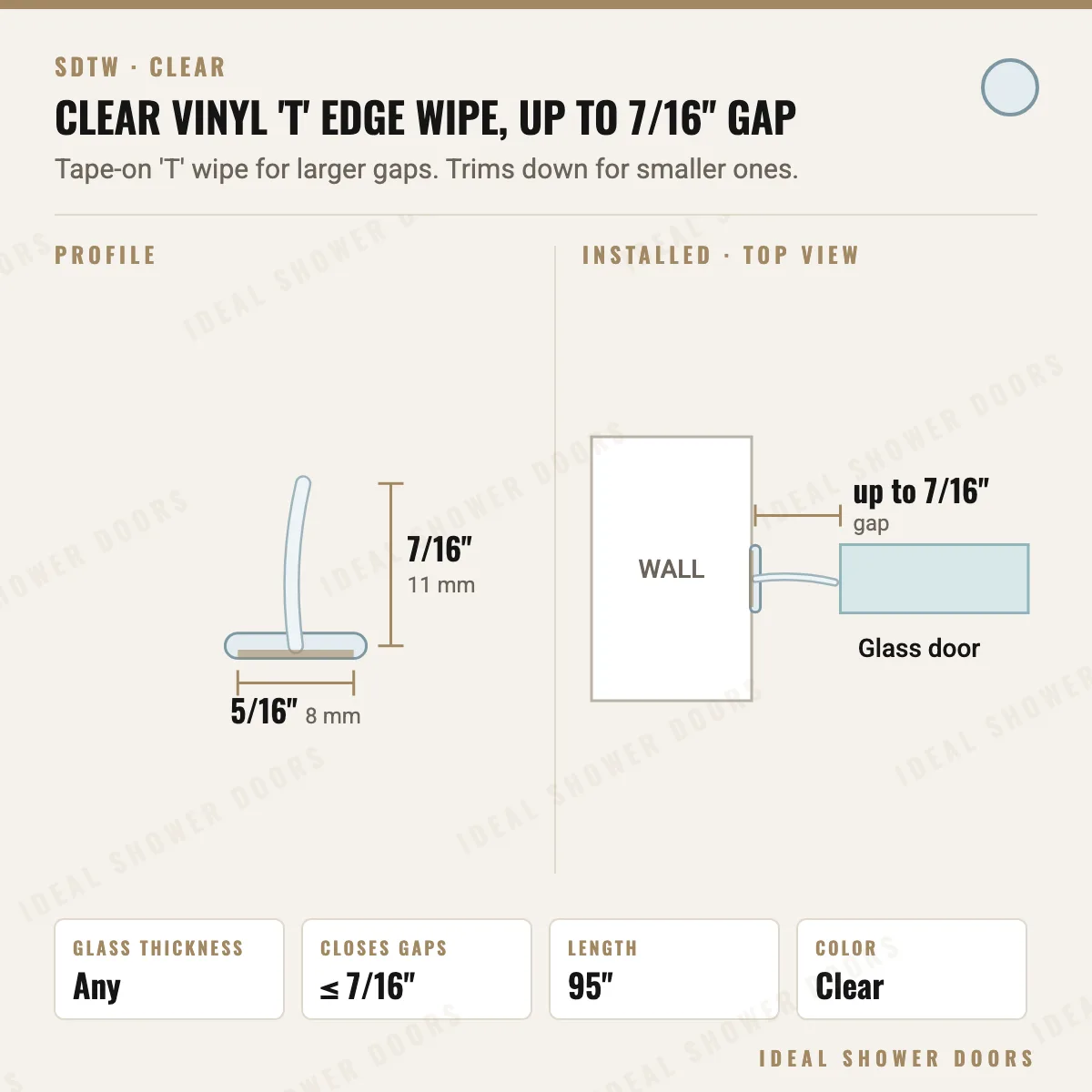 CRL SDTW Clear Vinyl 'T' Edge Wipe, up to 7/16" Gap drawing