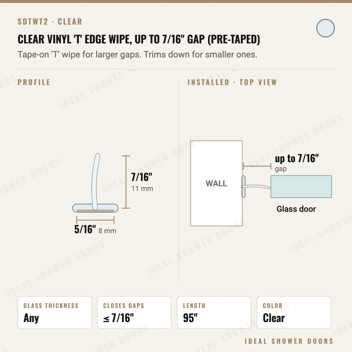 CRL SDTWT2 Clear Vinyl 'T' Edge Wipe, up to 7/16" Gap (Pre-Taped) profile and installed drawing