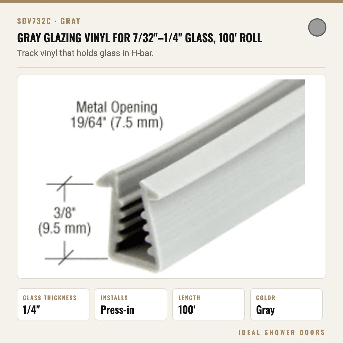 CRL SDV732C Gray Glazing Vinyl for 7/32"–1/4" Glass, 100' Roll drawing