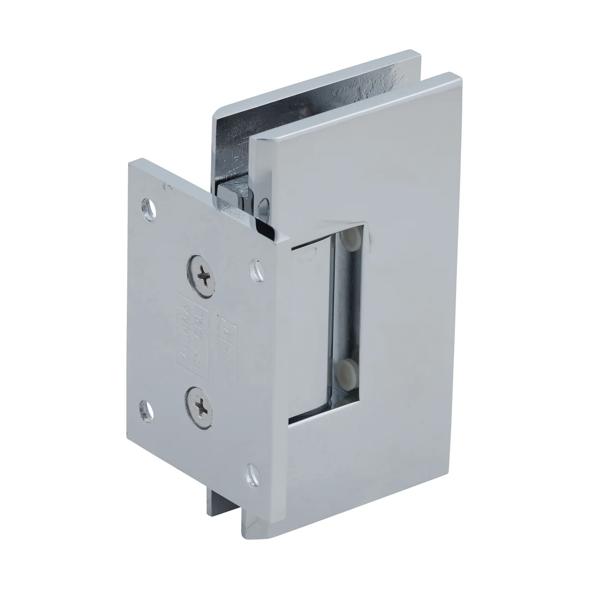 Short back plate: back of a CRL Vienna 074 shower door hinge, the side that screws to the wall