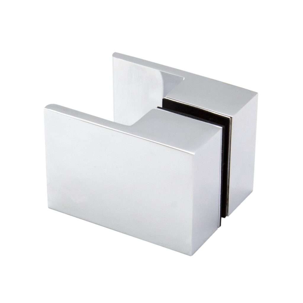 A rectangular, chrome-plated glass clamp with a U-shaped slot, designed for securing glass panels—making it an IDEAL Knob accessory for shower enclosures or glass partitions.