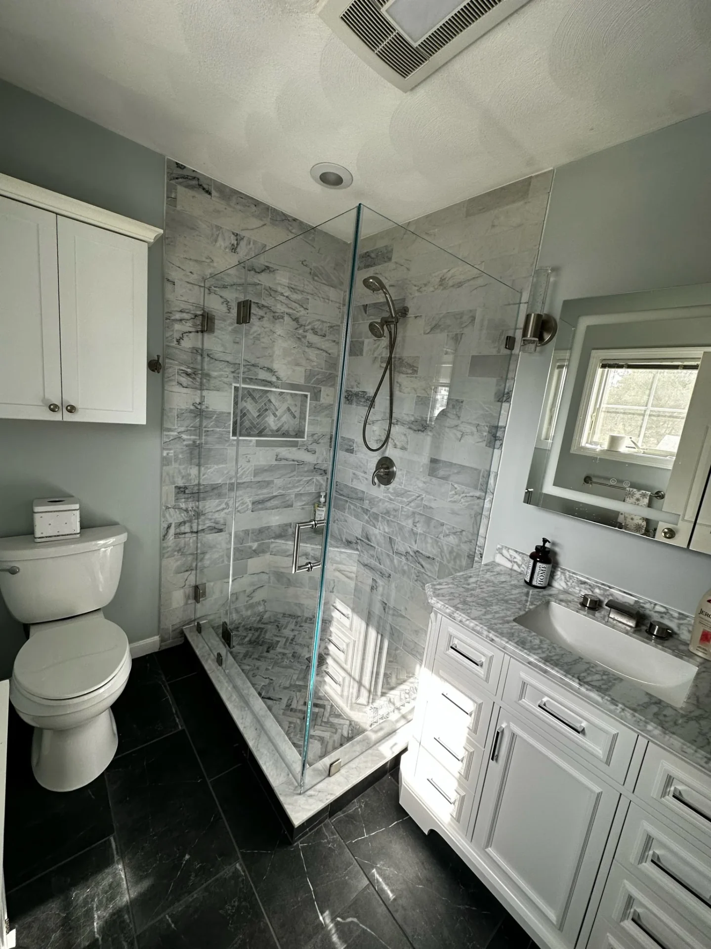 frameless corner shower enclosure brushed nickel marble tile Peabody MA