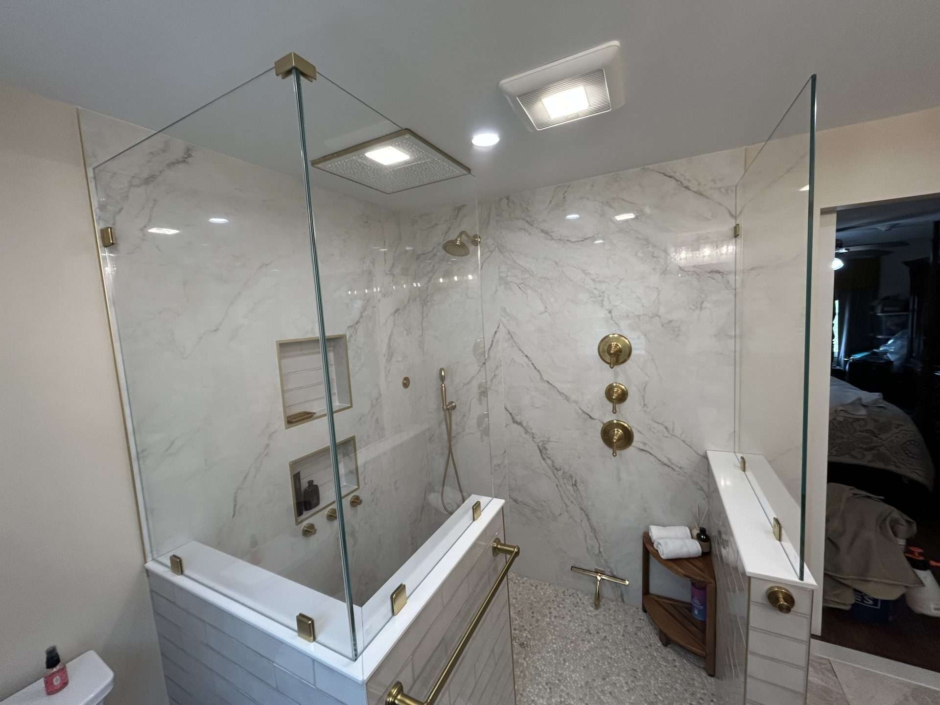 Frameless glass shower door installation in North Shore, MA
