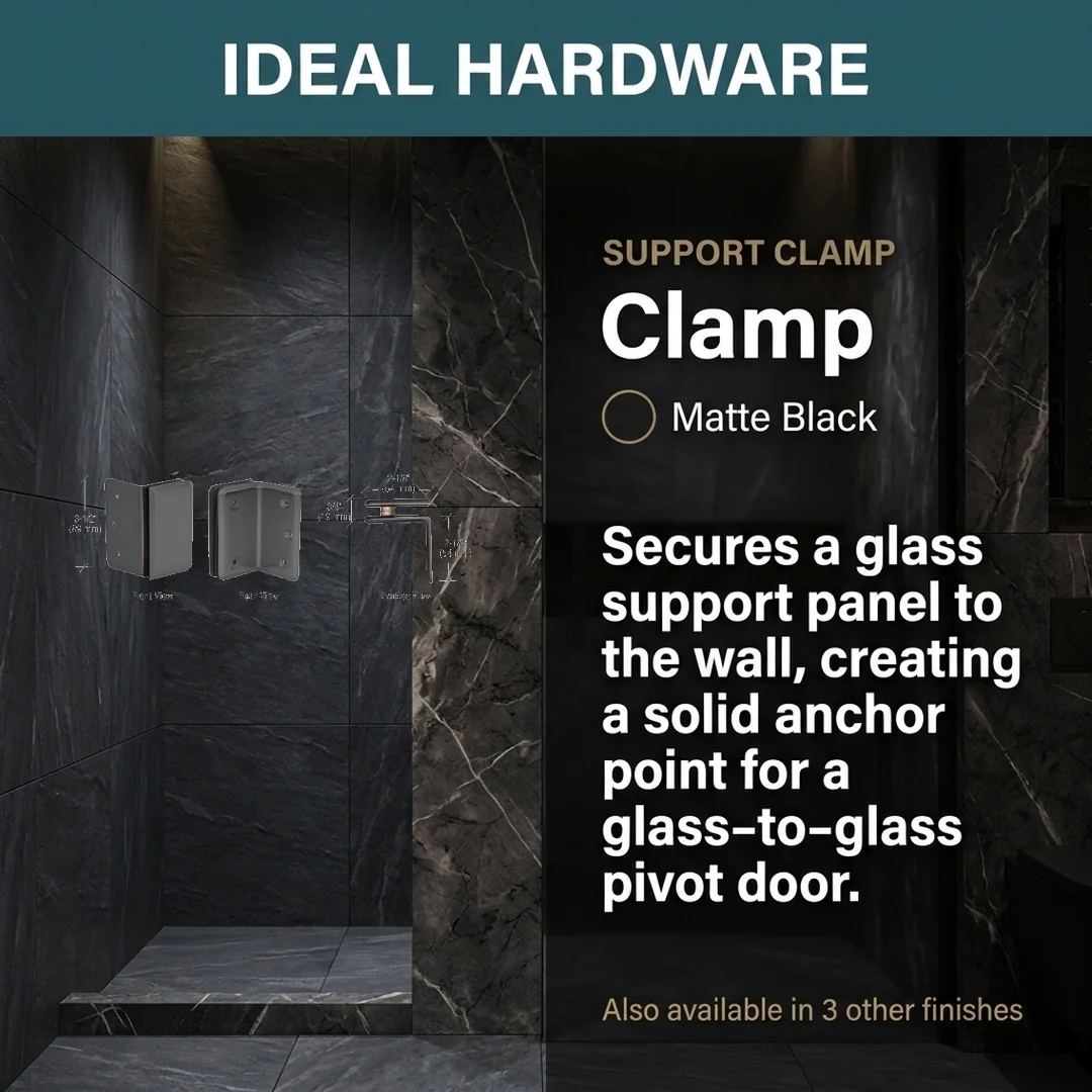 Matte Black P190S-MBL support clamp for frameless shower door