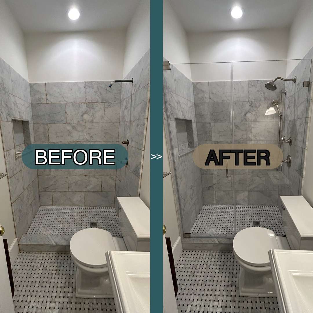 Before and after comparison of a corner frameless shower enclosure with matte black hardware and marble tile in a Bedford, NH bathroom. Left side shows dated framed door setup; right side displays modern crystal clear glass frameless enclosure with clean lines and polished fixtures.