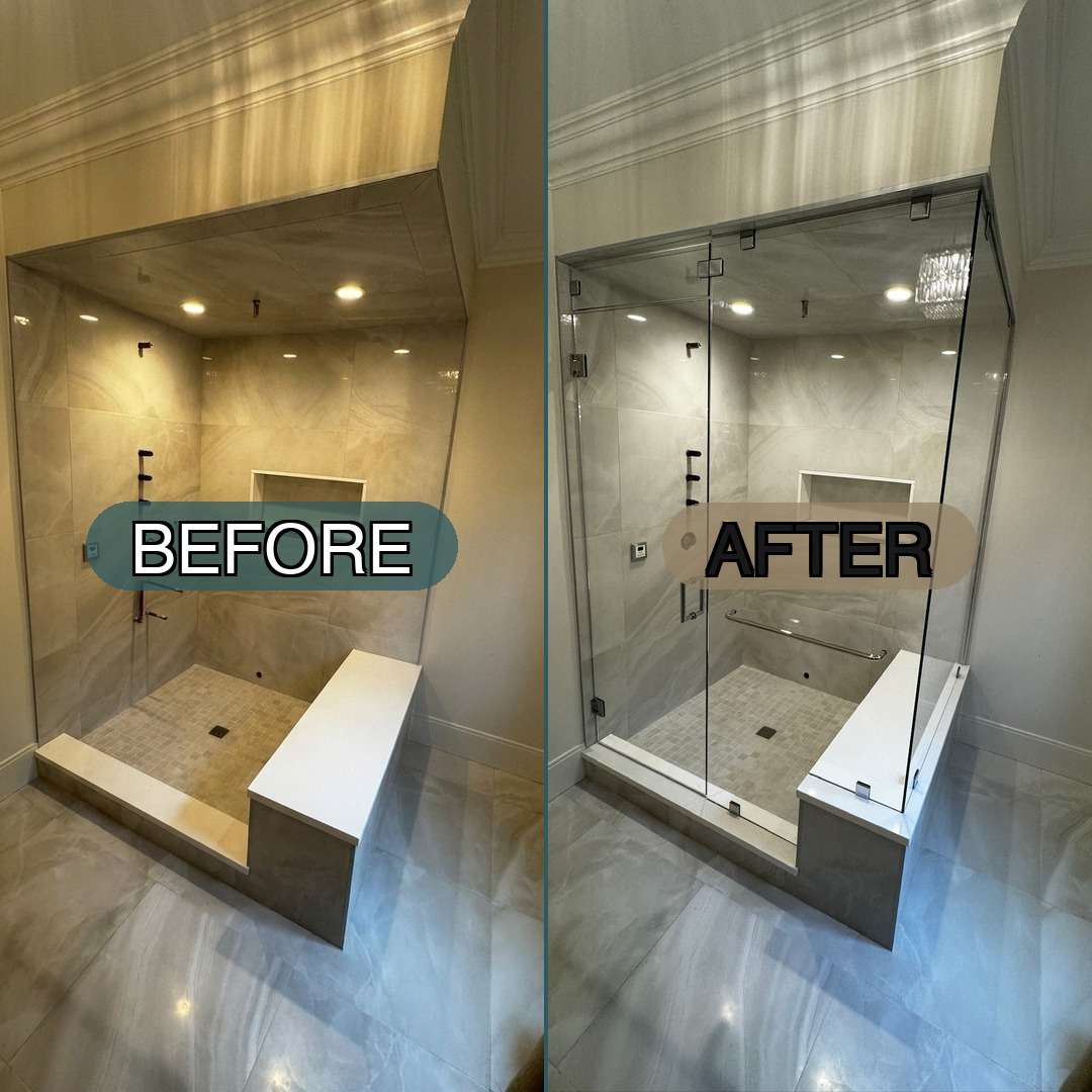 Before and after comparison of a bathroom shower transformation in Bedford, NH showing a dated framed shower door replaced with a modern frameless glass enclosure with matte black hardware and crystal clear glass