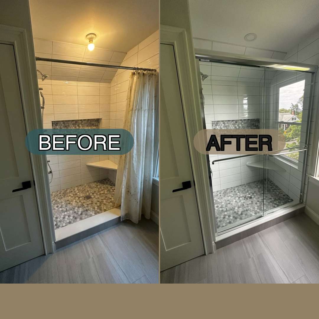 Before and after comparison of a bathroom shower renovation in Bow, NH. Left side shows dated shower with beige subway tile, builder-grade framed enclosure, and cream shower curtain. Right side displays the same corner shower with a custom frameless glass enclosure, matte black hardware, crystal clear glass, and bright natural light from nearby window.