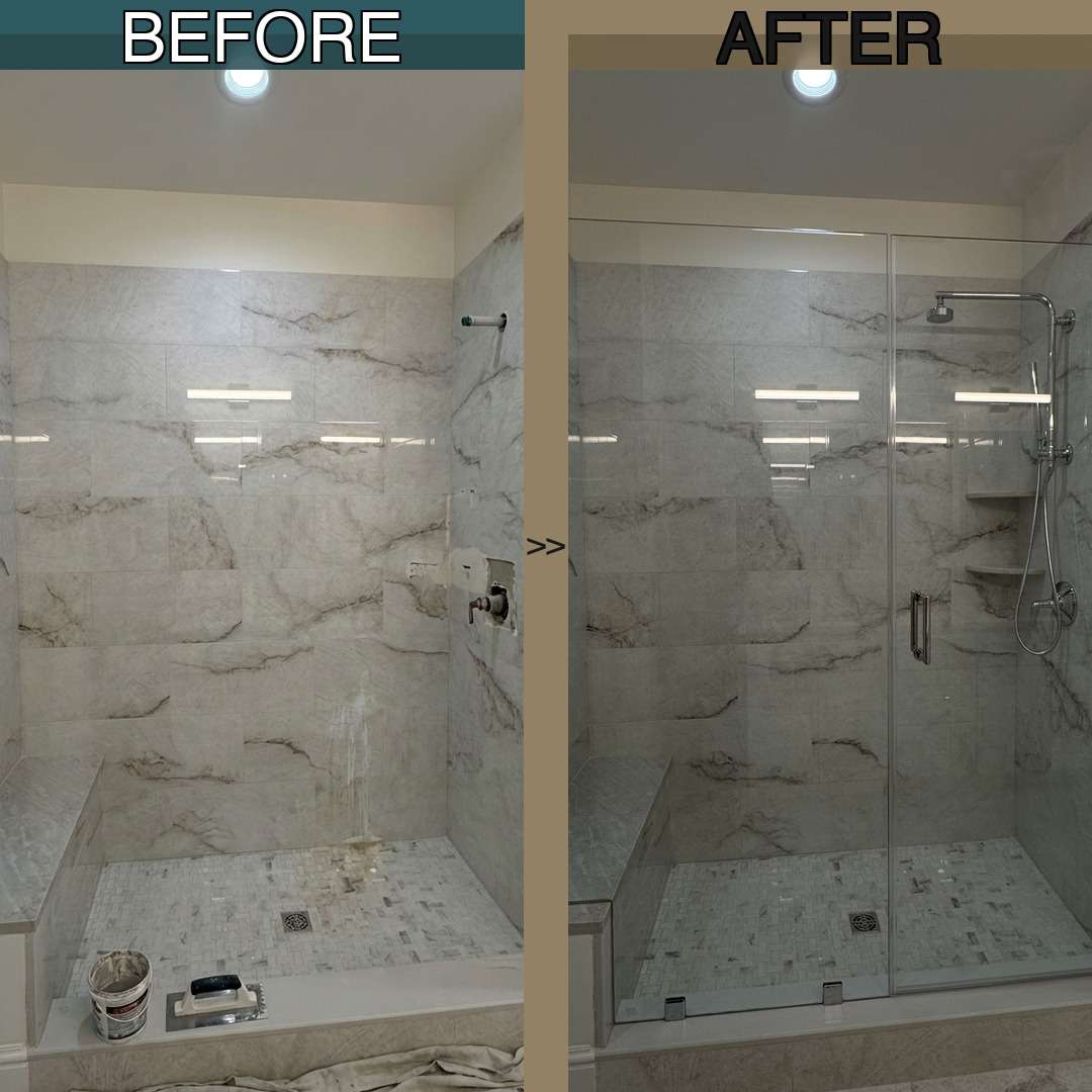 Before and after comparison of a bathroom shower renovation in Bow, NH showing a dated shower enclosure transformed into a modern frameless glass shower door with polished chrome hardware and marble tile surround