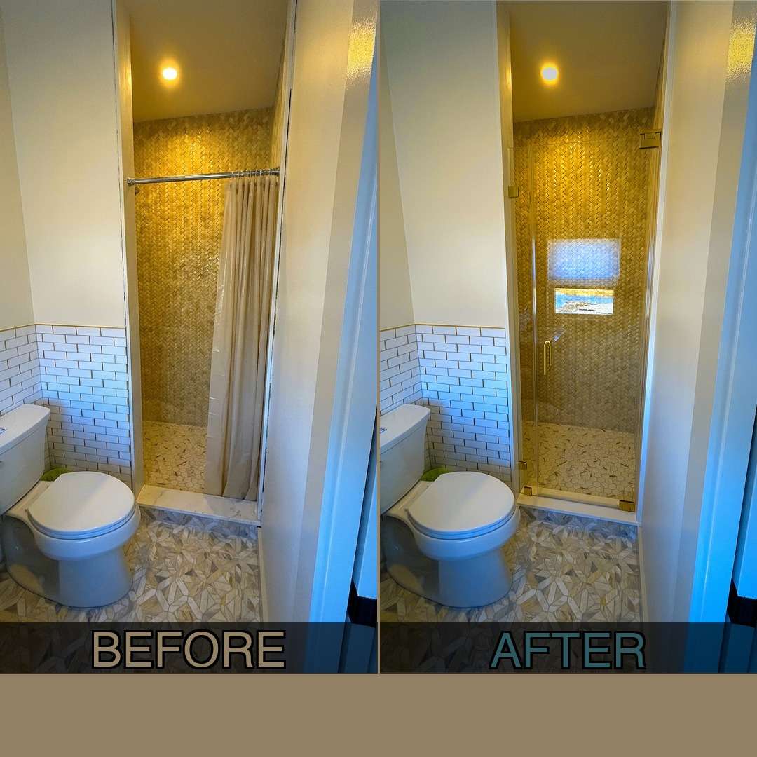 Before and after comparison of a bathroom with a new frameless glass shower door enclosure installed in Boxford, MA, showing the upgrade from a shower curtain to crystal clear glass with clean hardware