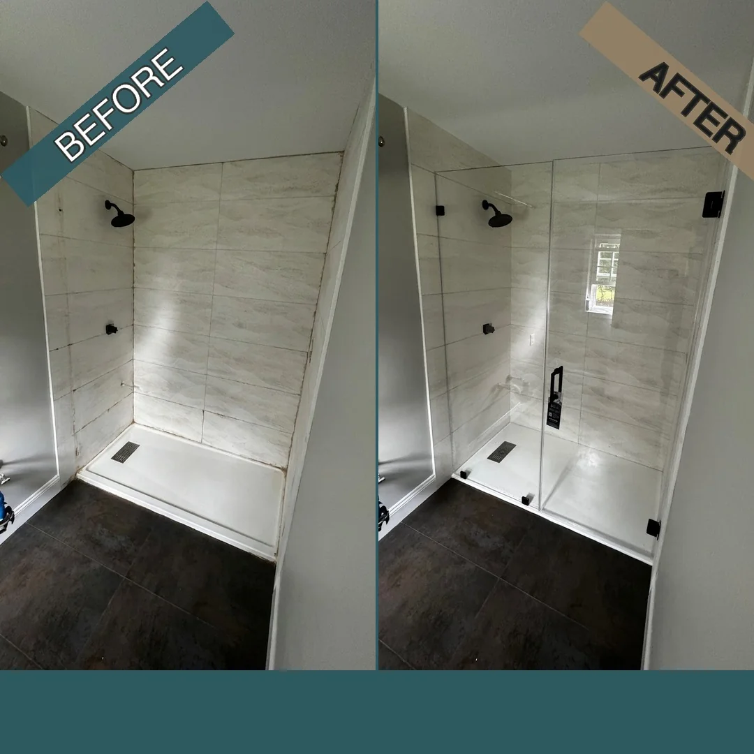 Before and after frameless glass shower door installation with matte black pivot hardware in Groveland, MA