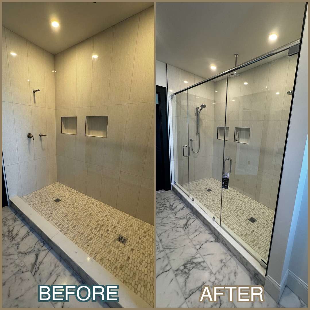 Before and after frameless shower door installation in North Reading, MA showing transition from builder-grade enclosure with tan tile to modern IDEAL Crystal Clear Glass frameless door with matte black hardware and marble flooring