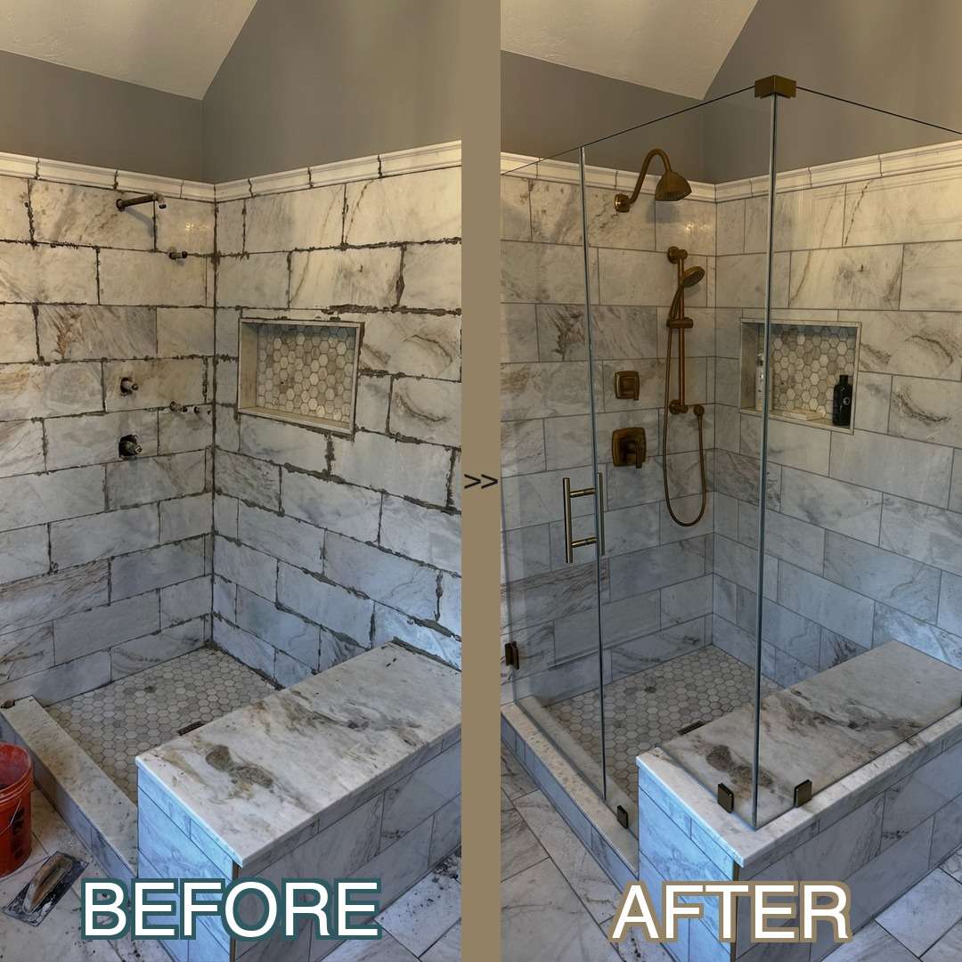 Before and after comparison of a frameless corner shower enclosure in North Reading, MA. Left side shows dated framed shower with multiple fixtures. Right side displays new frameless glass corner enclosure with bronze hardware and rainfall showerhead on marble tile surround.