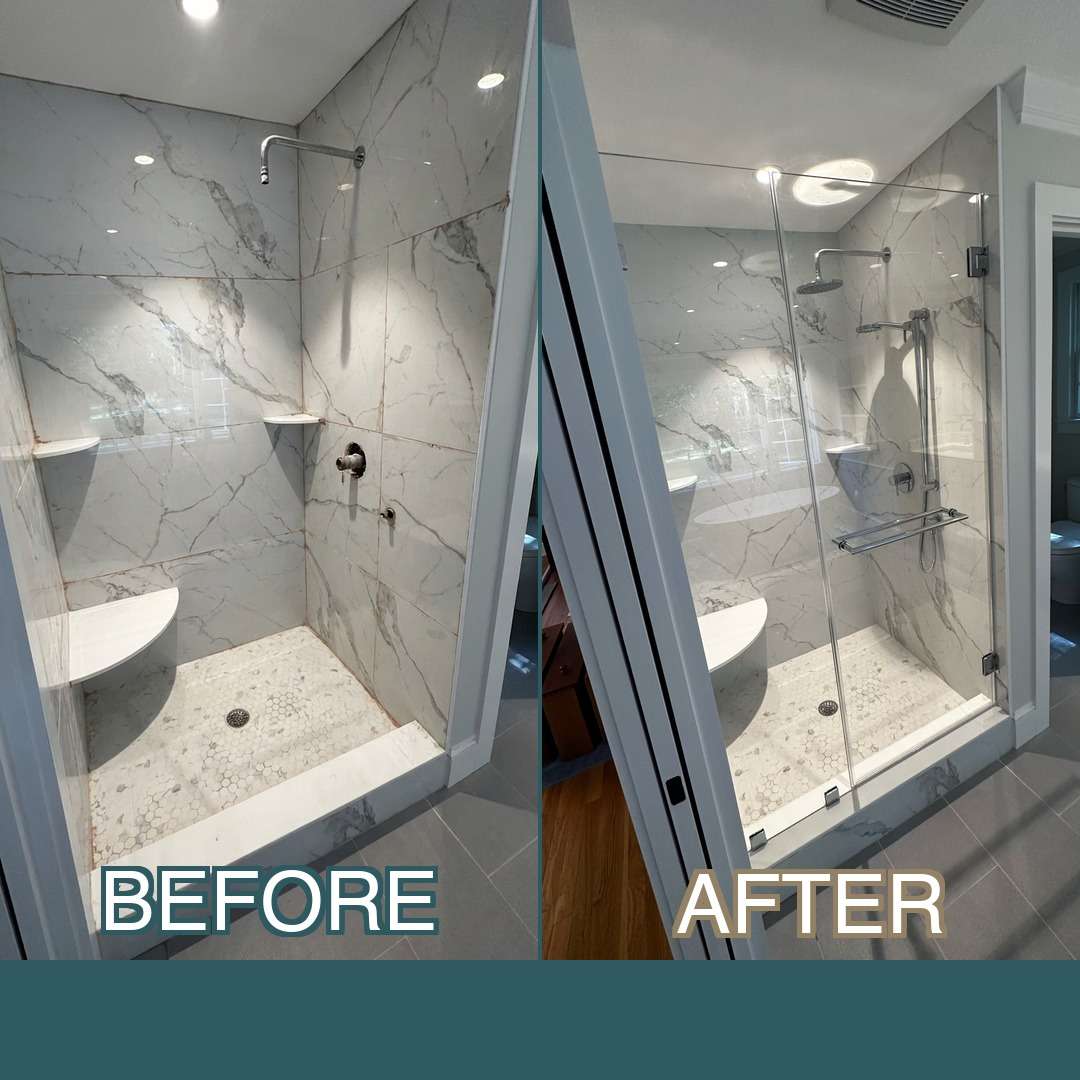 Before and after comparison of a marble-tiled bathroom shower alcove showing an outdated framed shower door on the left transitioning to a modern frameless glass enclosure with chrome hardware on the right