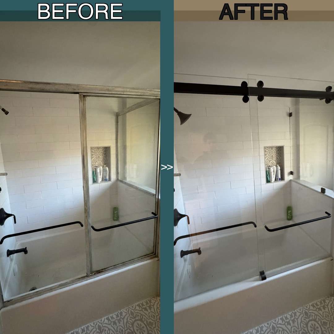 Before and after comparison of a frameless shower door installation in North Shore, MA. Left side shows an older framed enclosure with visible hardware and corrosion. Right side displays a sleek custom frameless glass shower door with matte black hardware and crystal clear glass, dramatically modernizing the bathroom space.