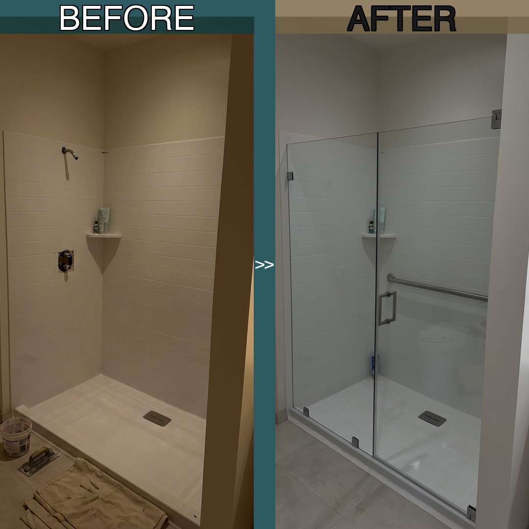 Before and after comparison of a bathroom shower transformation in North Shore, MA featuring a basic shower enclosure upgraded to a premium frameless glass corner shower door with polished chrome hardware and crystal clear glass panels