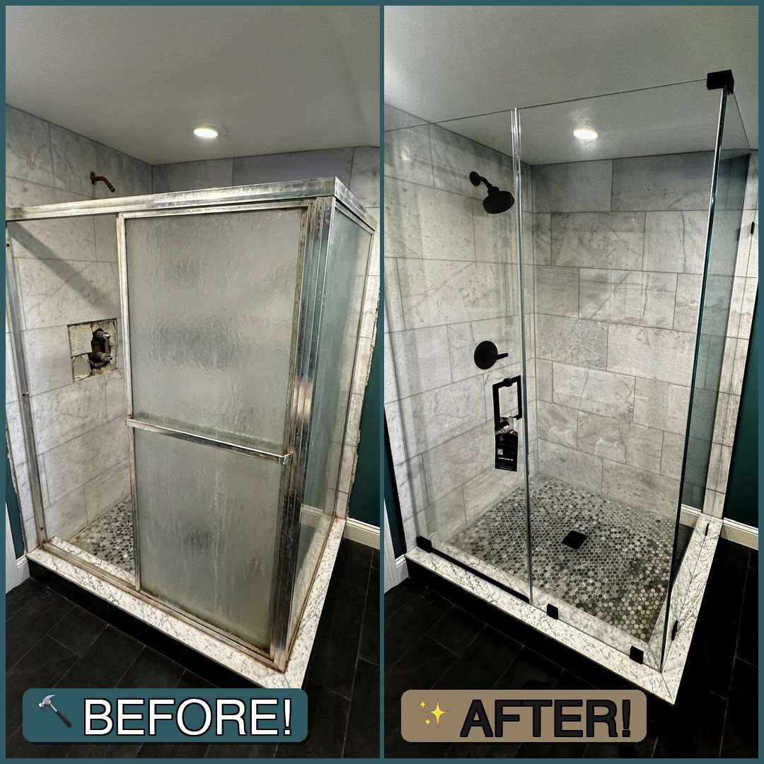 Before and after bathroom transformation showing removal of framed sliding shower door and installation of custom frameless glass enclosure with matte black hardware, marble tile surround, and pebble floor in Peabody, MA