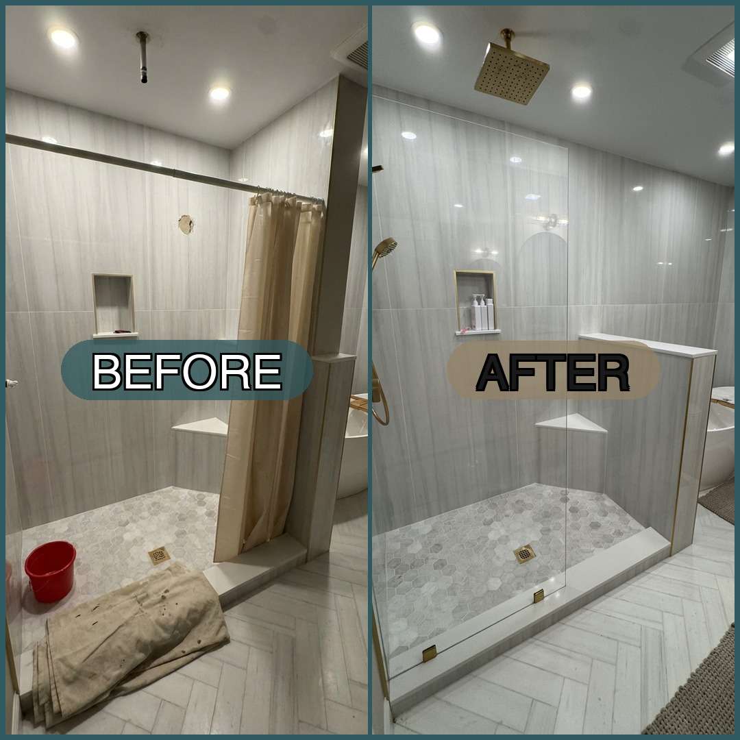 Before and after comparison of a frameless shower door installation in Peabody, MA. Left shows a builder-grade shower with tan curtain; right shows a modern frameless glass enclosure with chrome hardware, white subway tile, and a rainfall showerhead.