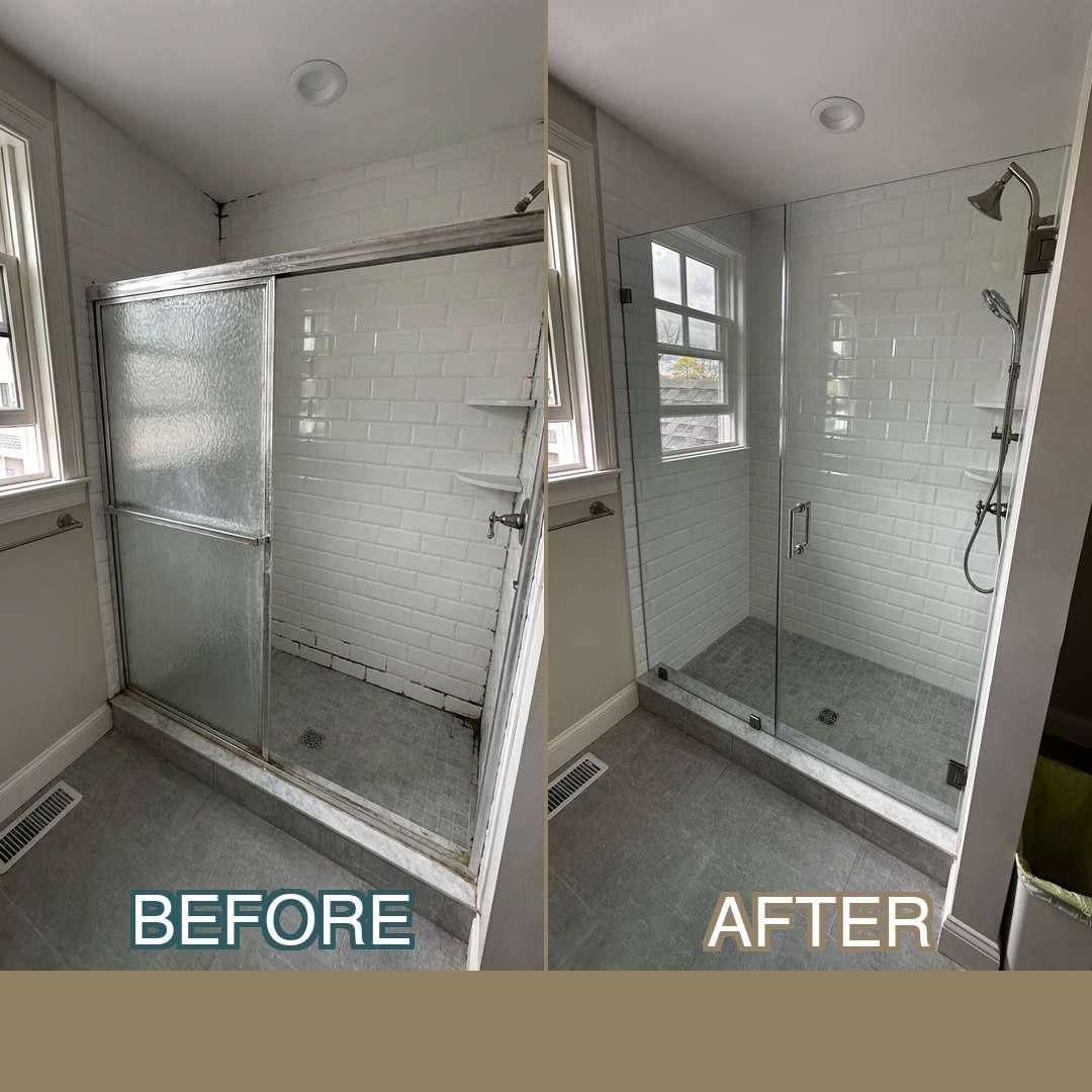 Before and after comparison of a bathroom shower renovation in Quincy, MA featuring a dated framed shower door replaced with a modern custom frameless glass enclosure with matte black hardware and subway tile surround