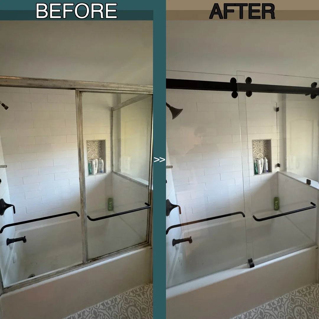 Before and after frameless sliding glass tub door replacement with matte black hardware in Quincy, MA bathroom