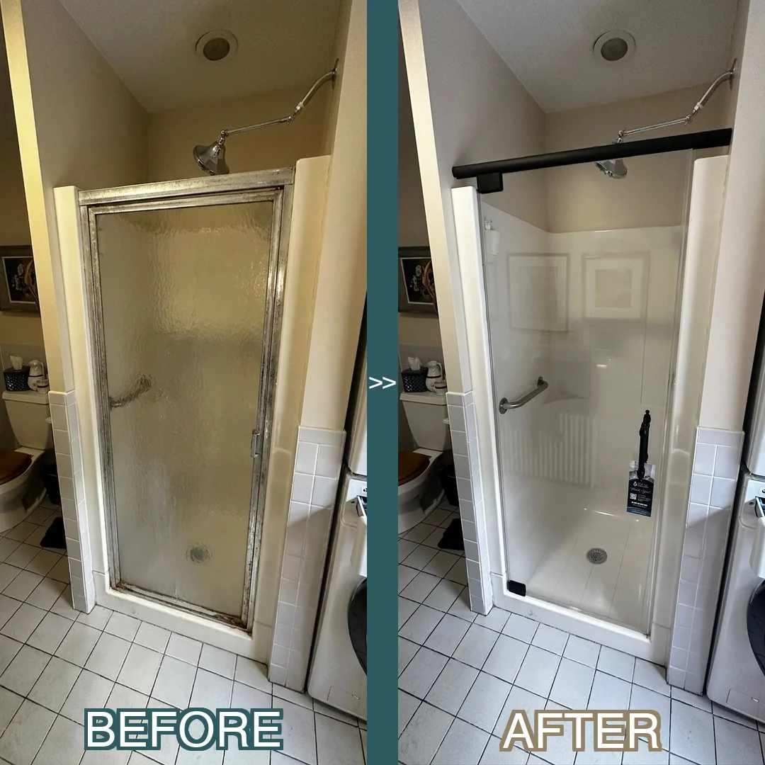 Before and after frameless pivot shower door installation in Reading, MA — corroded silver frame replaced with matte black hardware and IDEAL Crystal Clear glass