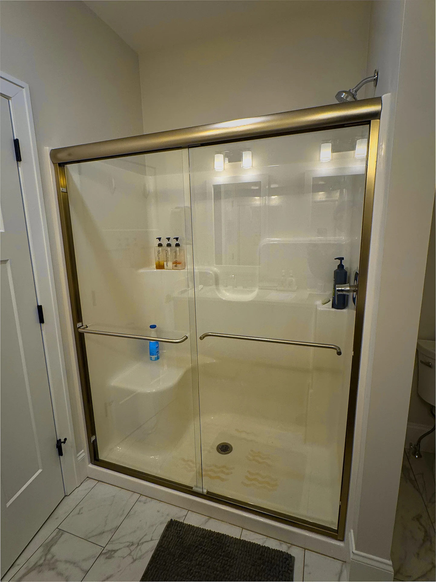 Semi-frameless bypass sliding door champagne bronze frame prefab enclosure Nashua NH
