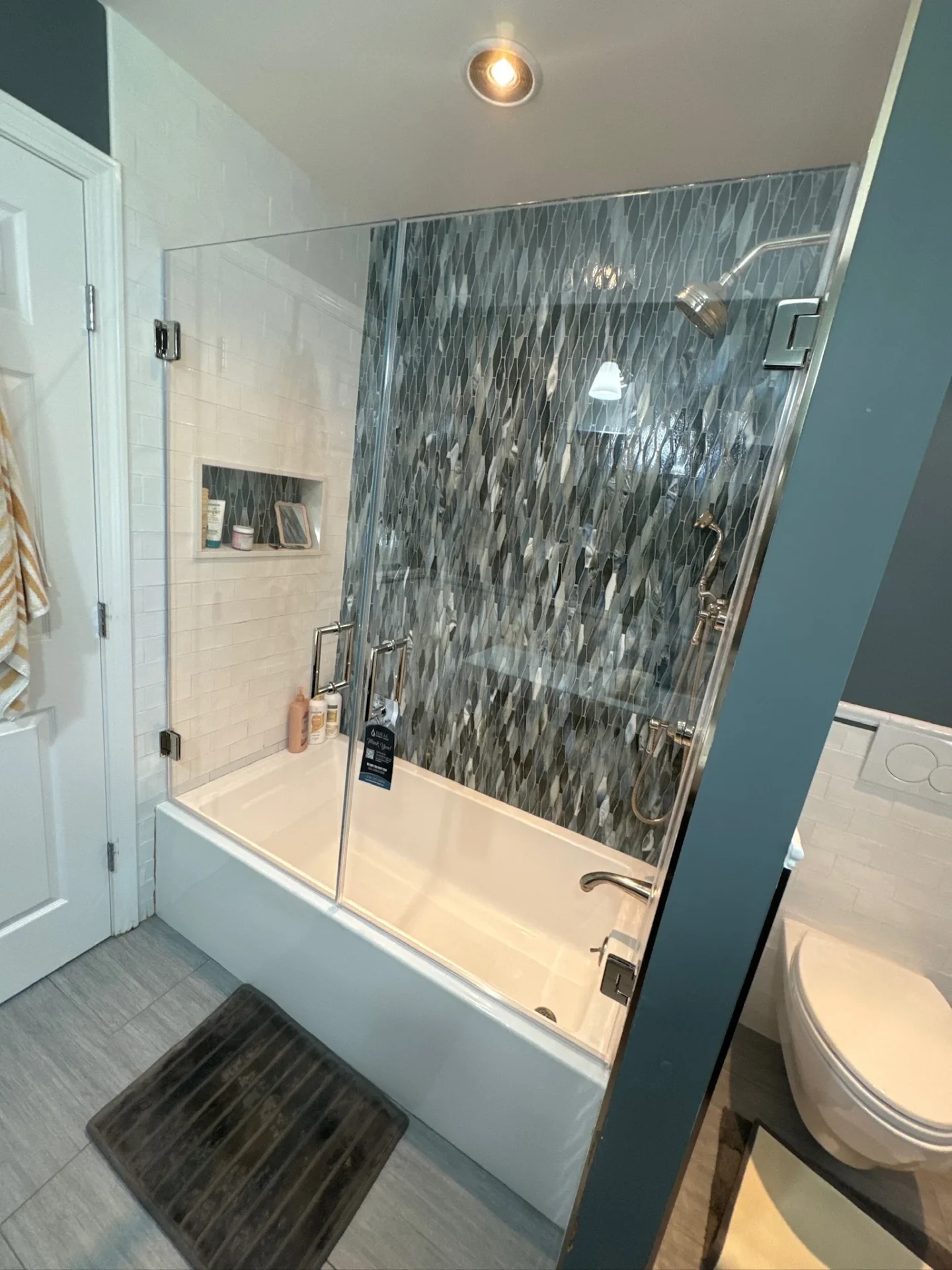 Frameless tub door polished chrome diamond mosaic accent wall Reading MA