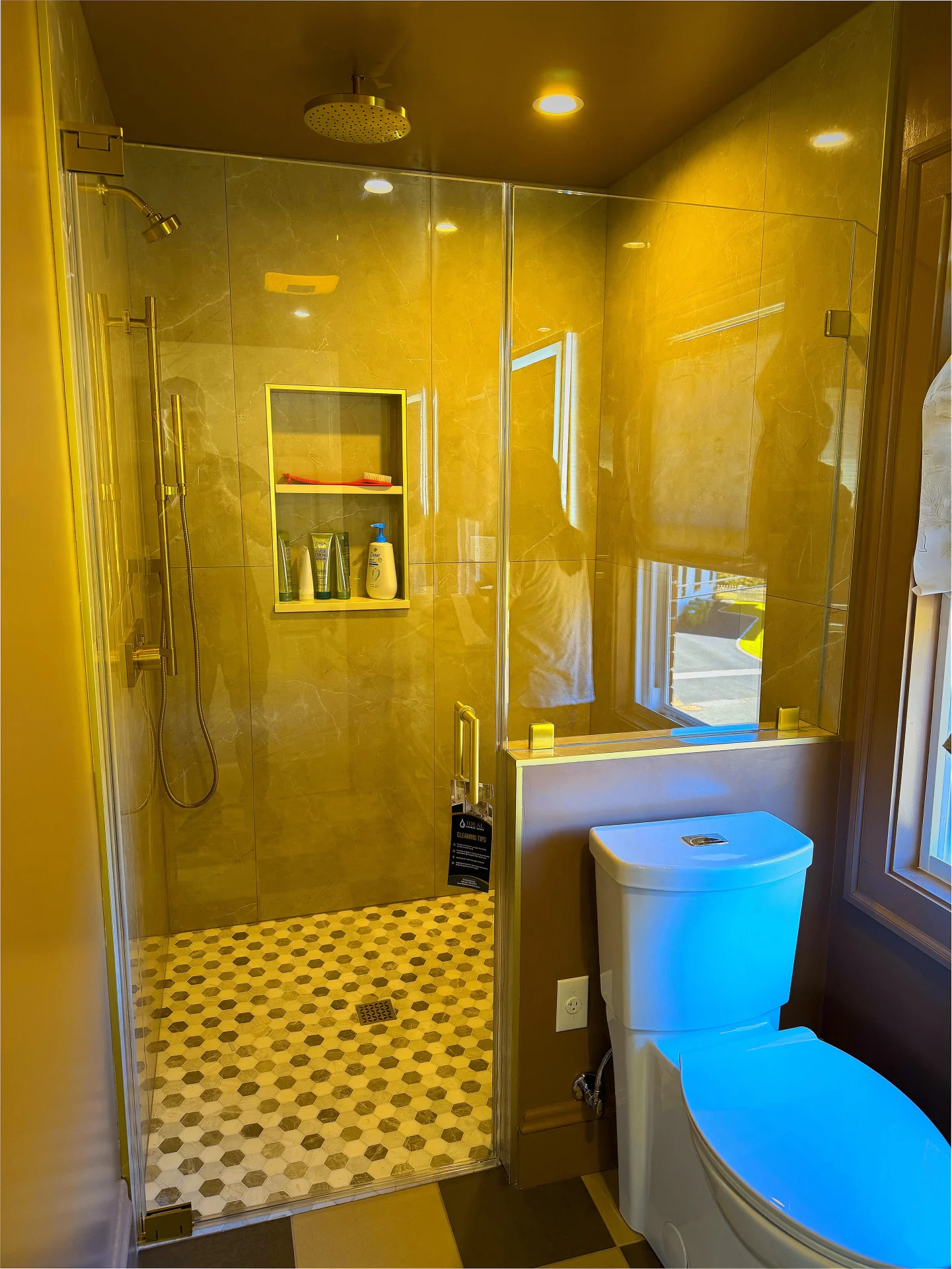 Frameless glass shower hexagonal mosaic floor compact bathroom Medford MA