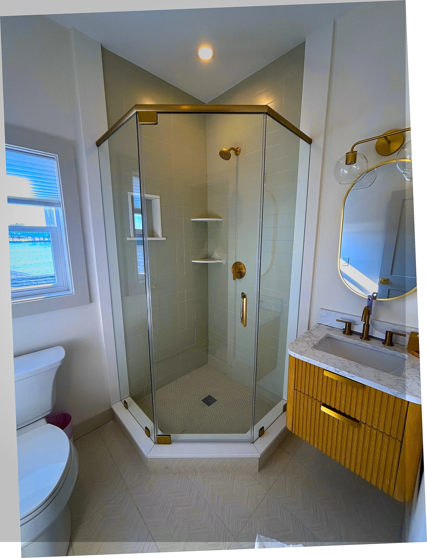 Neo-angle frameless shower brushed gold hardware sage subway tile Beverly MA