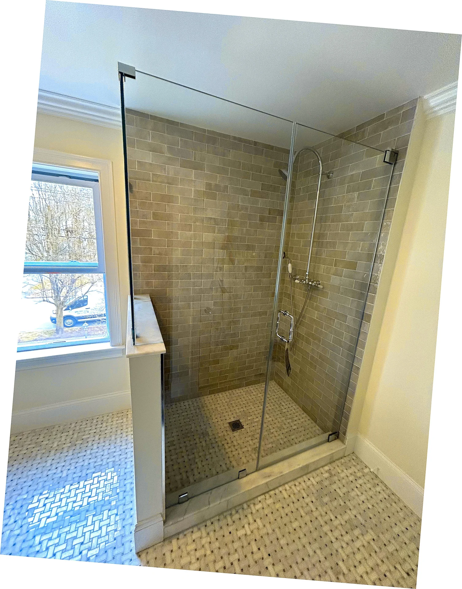 Frameless corner shower enclosure chrome hardware travertine subway tile Andover MA