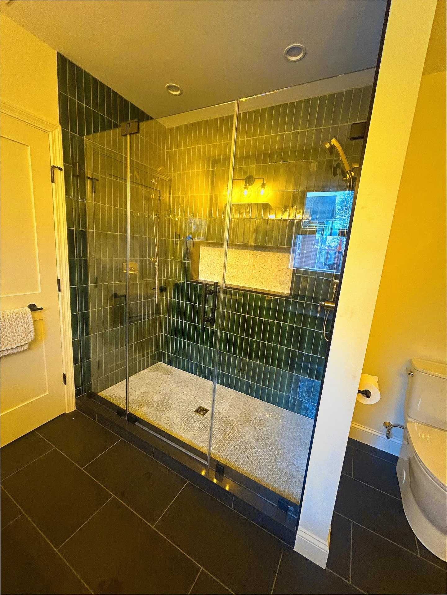 Frameless double-door walk-in enclosure matte black dark green tile Danvers MA