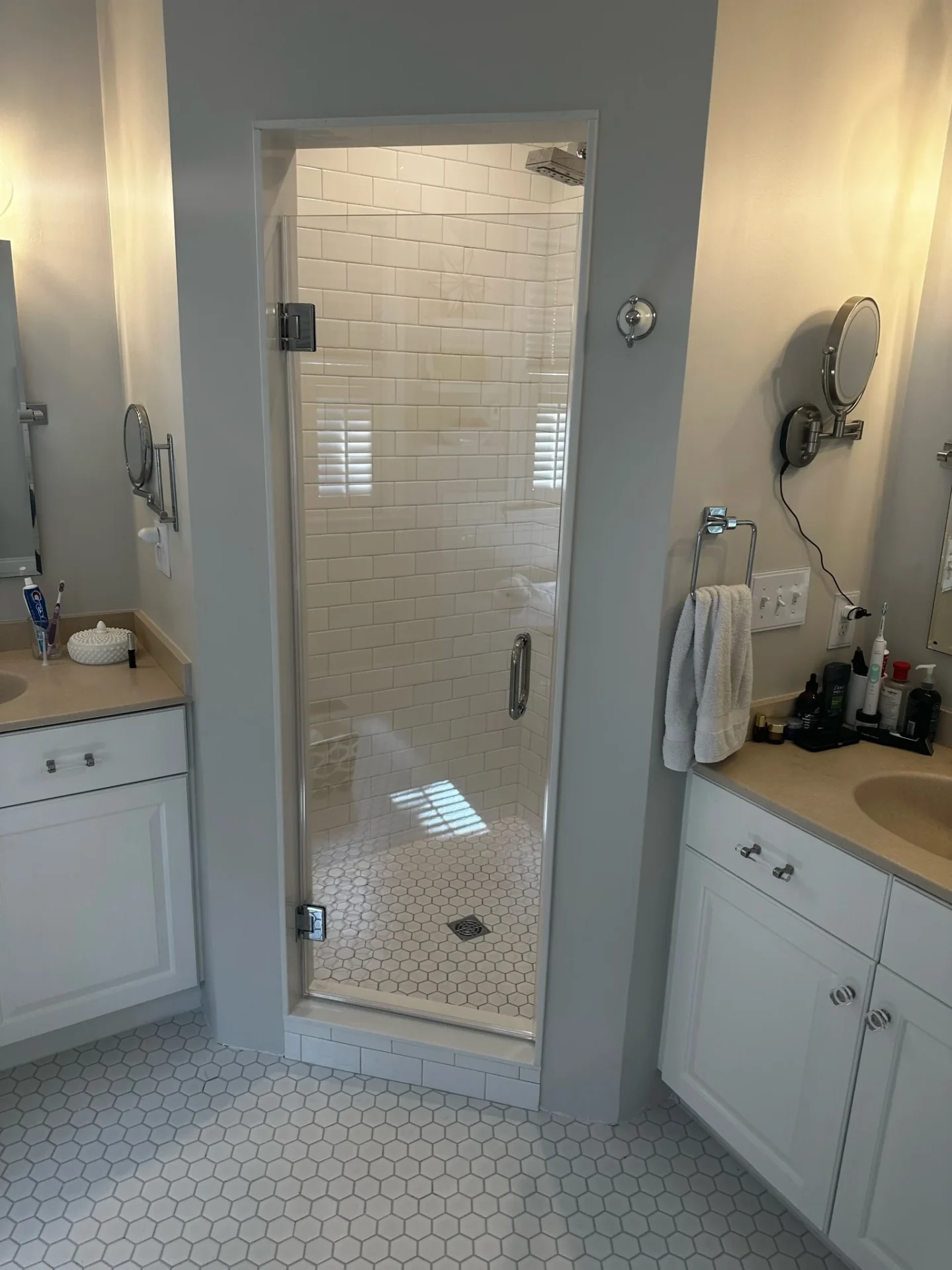 Frameless hinged door chrome hardware white subway hex mosaic North Andover MA