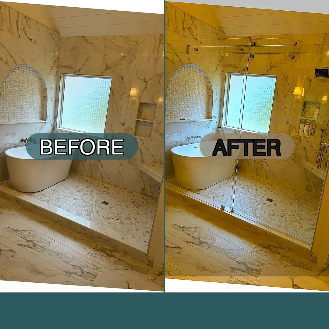 Before and after frameless bypass slider shower enclosure installed over raised marble platform in Arlington, MA