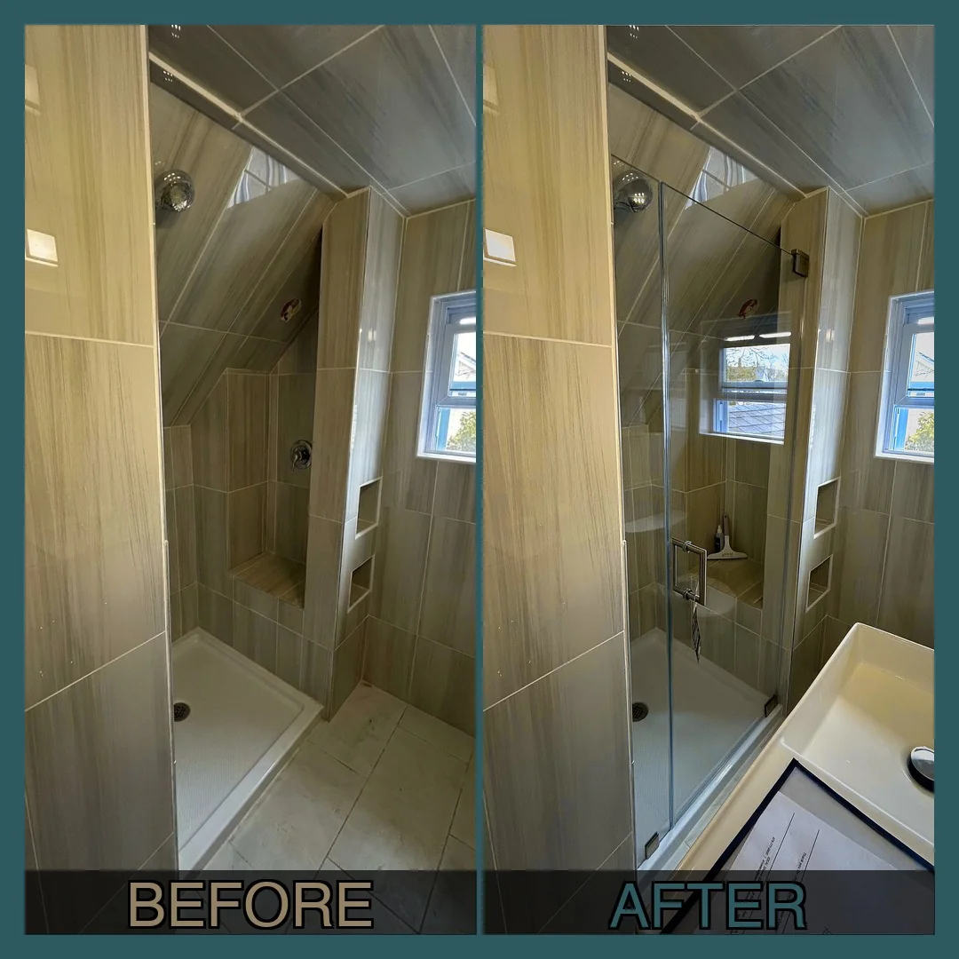 Before and after frameless pivot shower door installation with custom angled glass cut on sloped ceiling wall in Lexington MA