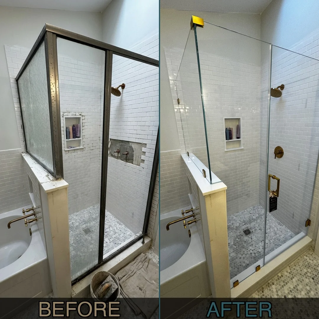 Before and after: dark framed shower enclosure replaced with frameless glass door and brushed brass hardware in a Marblehead, MA bathroom with white subway tile