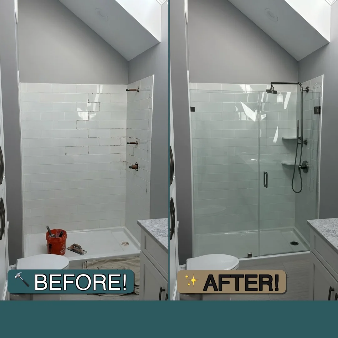 Before and after frameless swing shower door installation on white subway tile in Newburyport MA