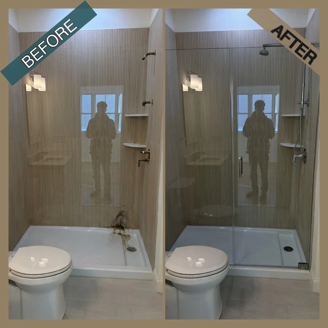 Before and after of frameless sliding glass shower door with chrome header bar installed on fluted tile walls in Reading, MA