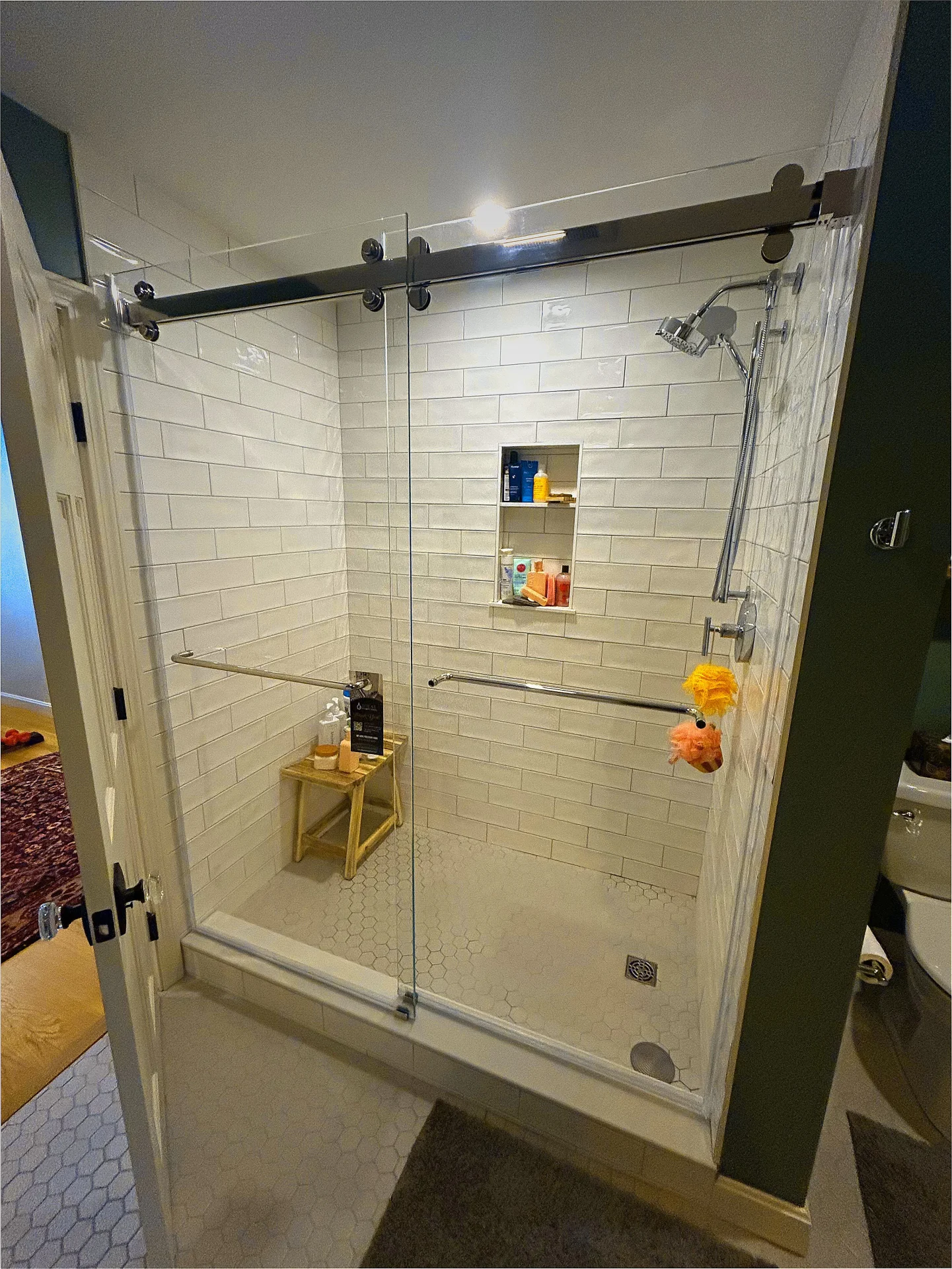 frameless chrome bypass sliding shower door white beveled subway tile Andover MA