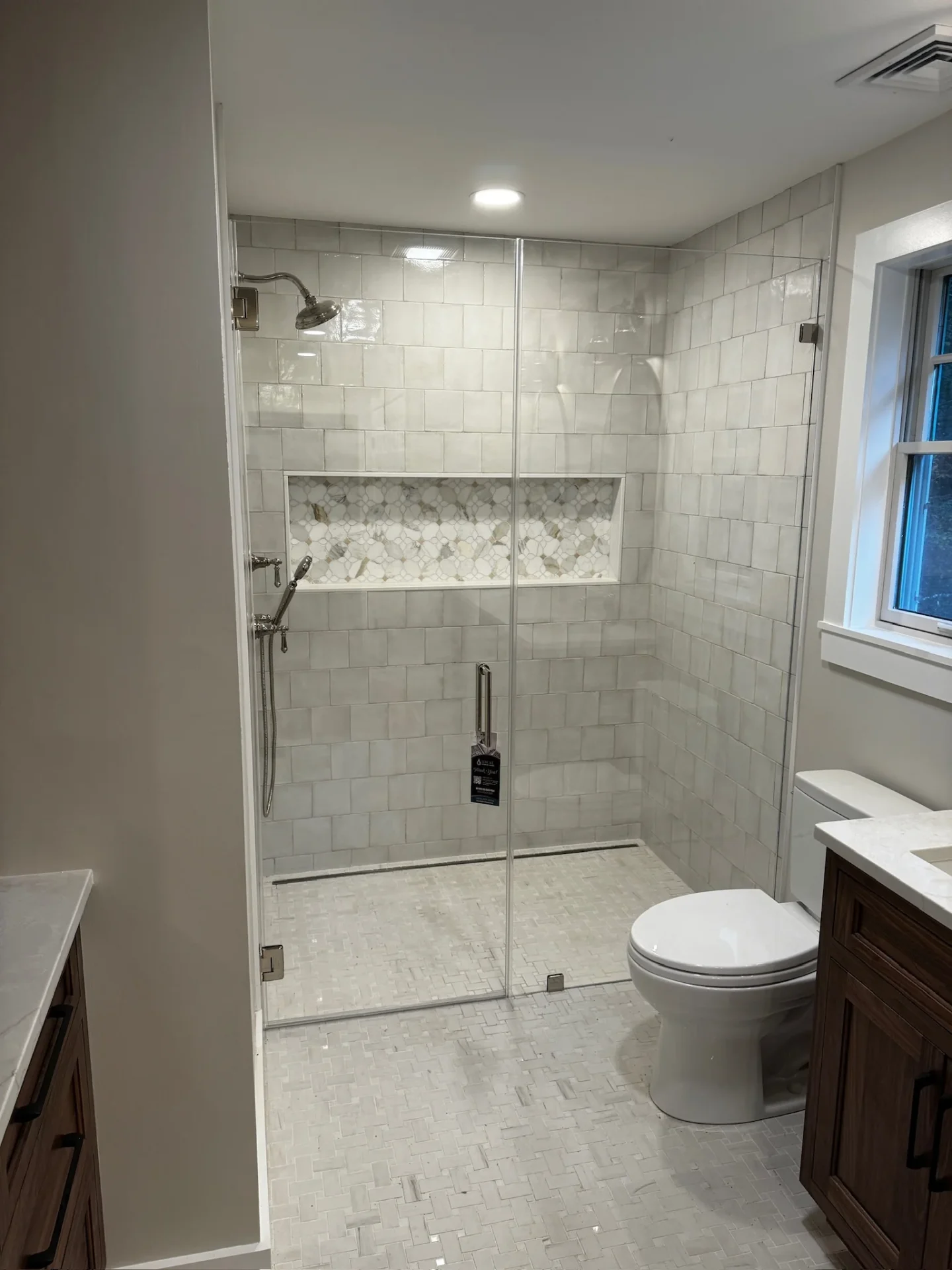 Frameless shower brushed nickel white square tile mosaic niche Boxford MA