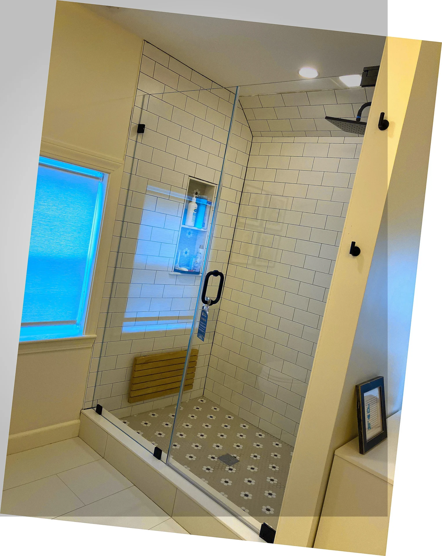 frameless corner enclosure matte black white subway tile mosaic floor Lexington MA