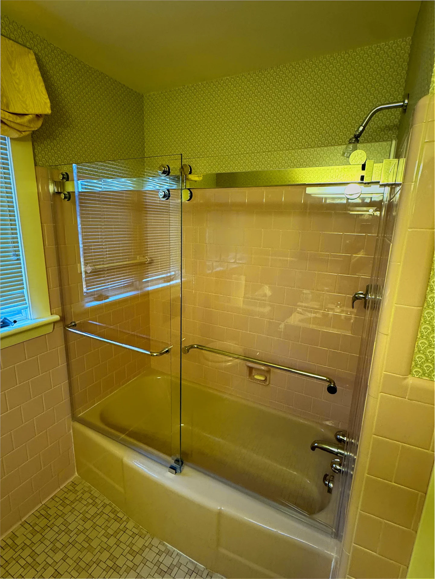 Frameless tub enclosure chrome hardware cream subway tile Marblehead MA