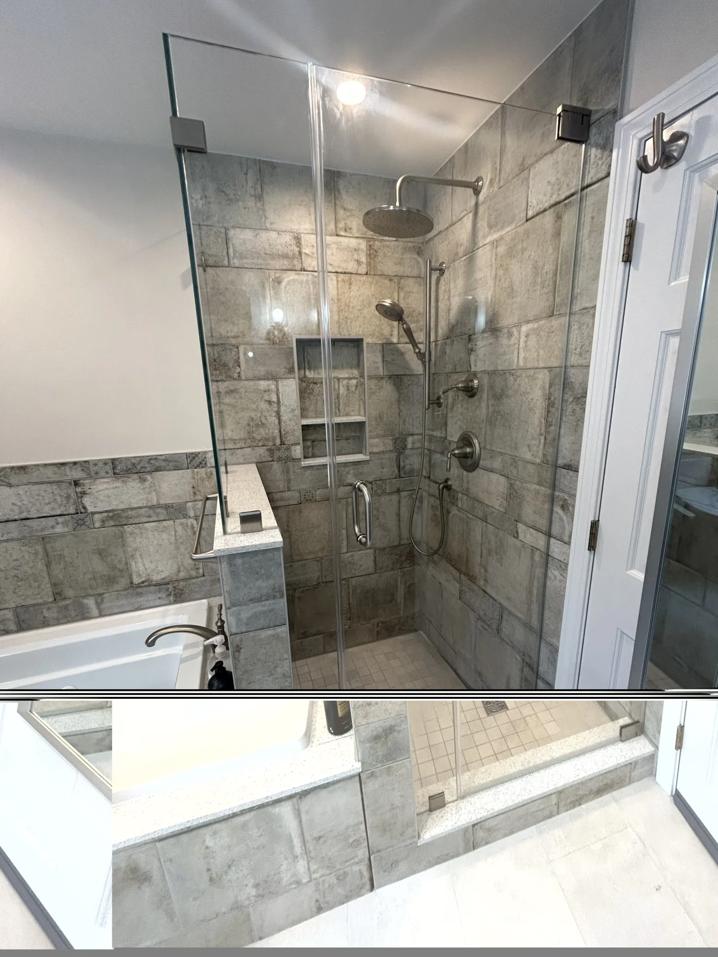 Frameless corner shower brushed nickel hardware stone tile North Andover MA