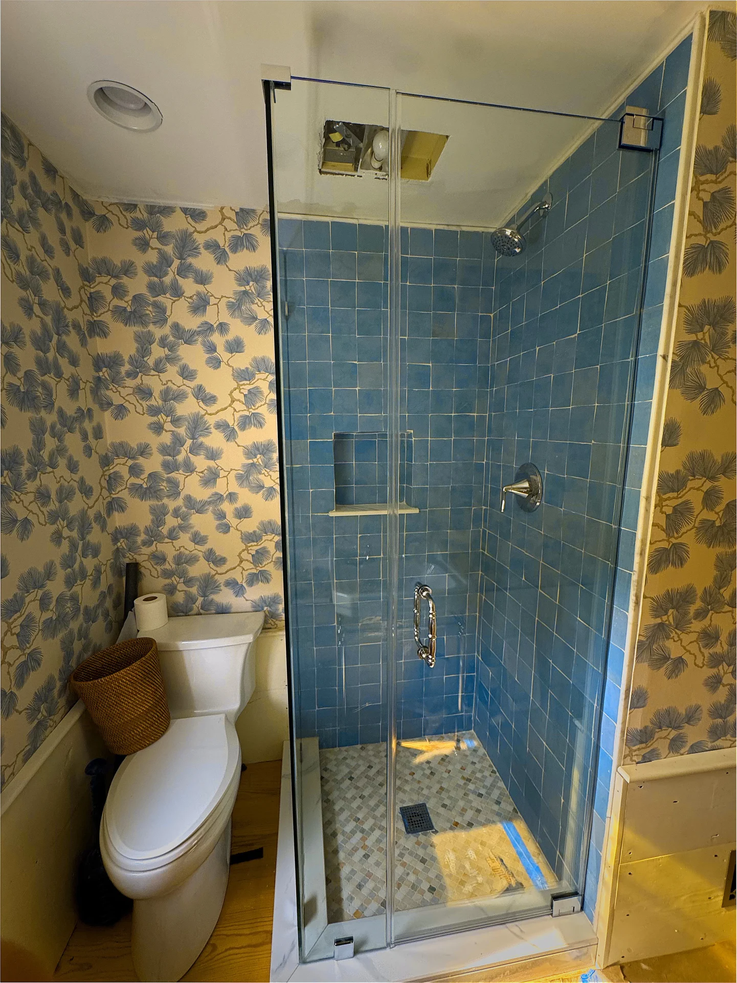 frameless pivot door blue zellige tile chrome hardware Marblehead MA
