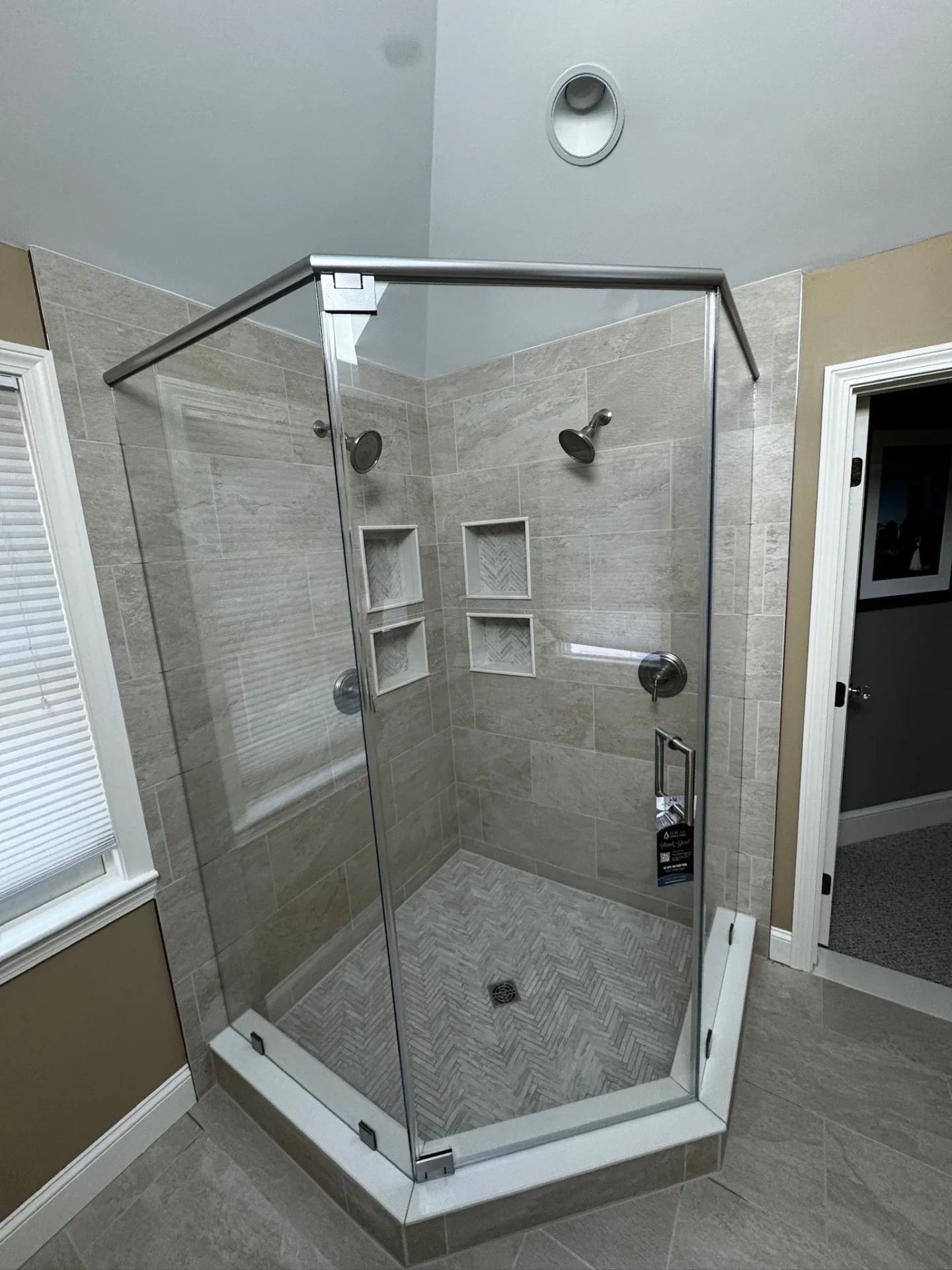 neo-angle frameless shower enclosure brushed nickel gray stone tile Newton MA