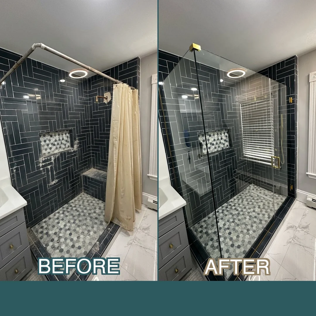 Before and after: frameless glass shower enclosure with brushed brass hardware over dark herringbone tile in Dracut, MA