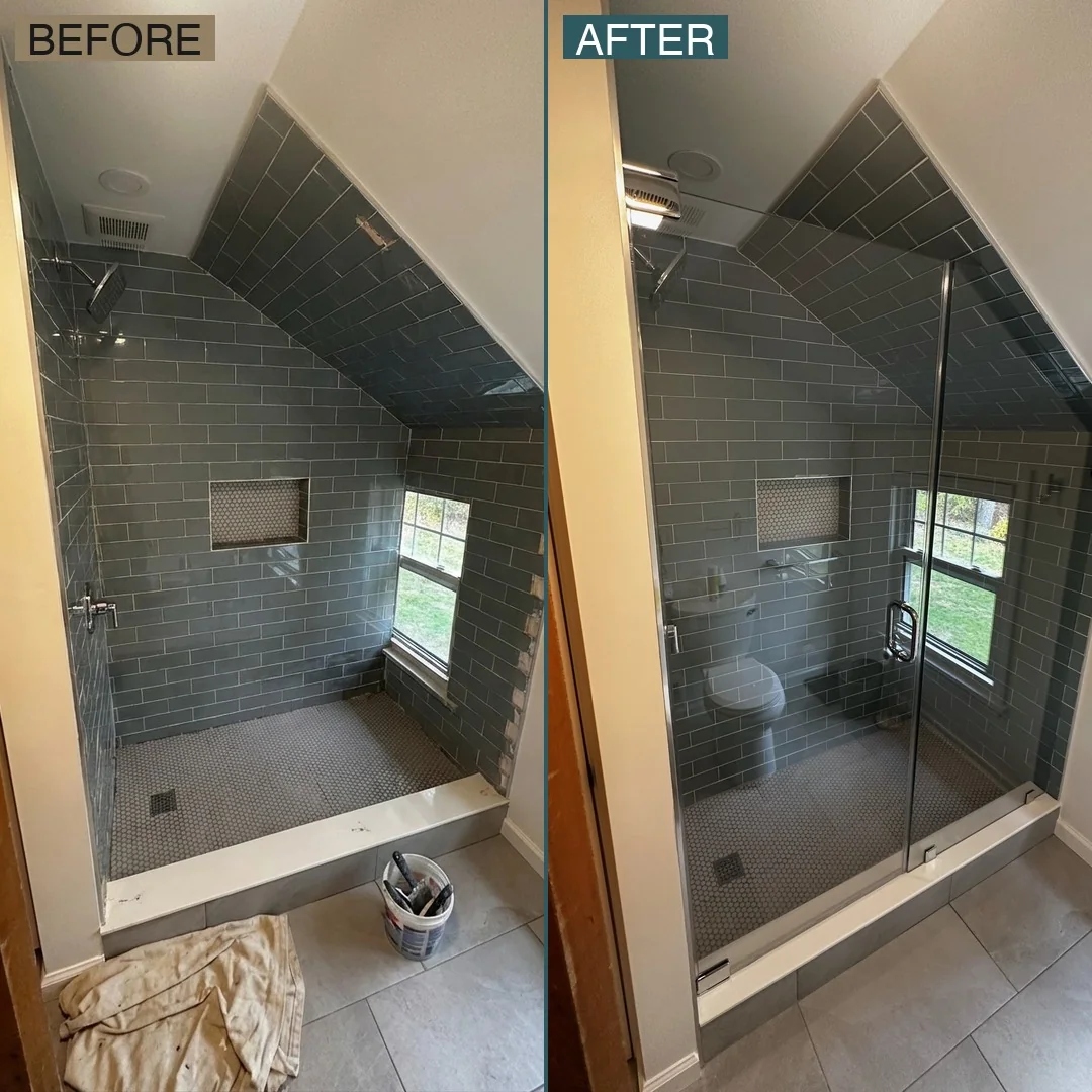 Before and after installation of a frameless glass shower door with chrome pivot hardware in a sloped-ceiling bathroom with gray subway tile and penny floor tile, Newburyport, MA