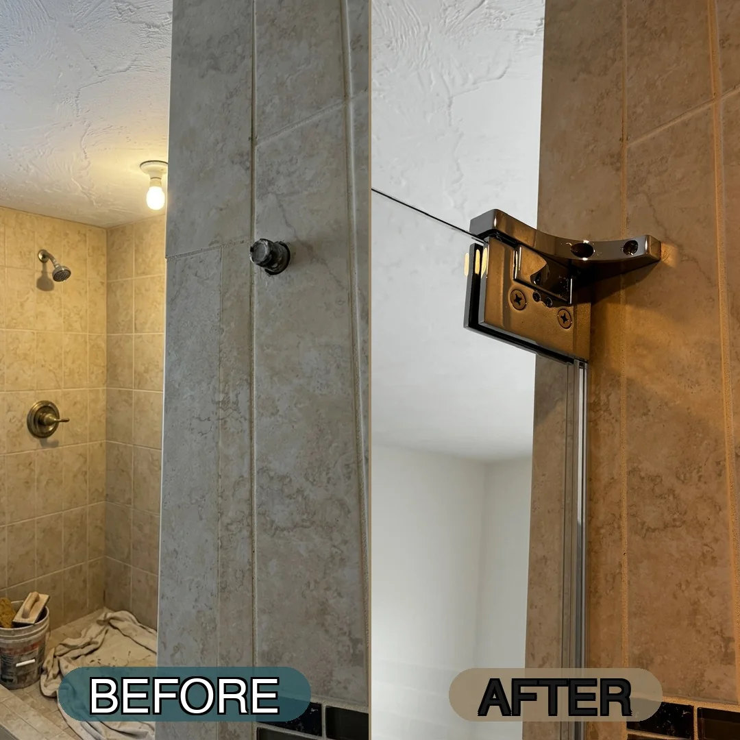 Before and after: open Newton, MA shower upgraded to frameless sliding glass door with polished chrome hardware