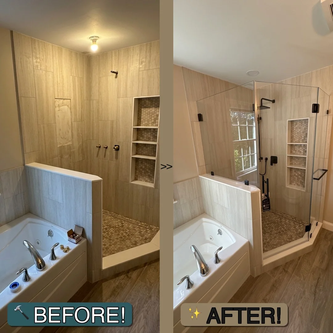 Before and after frameless glass shower door with matte black pivot hardware on large-format tile — Peabody, MA