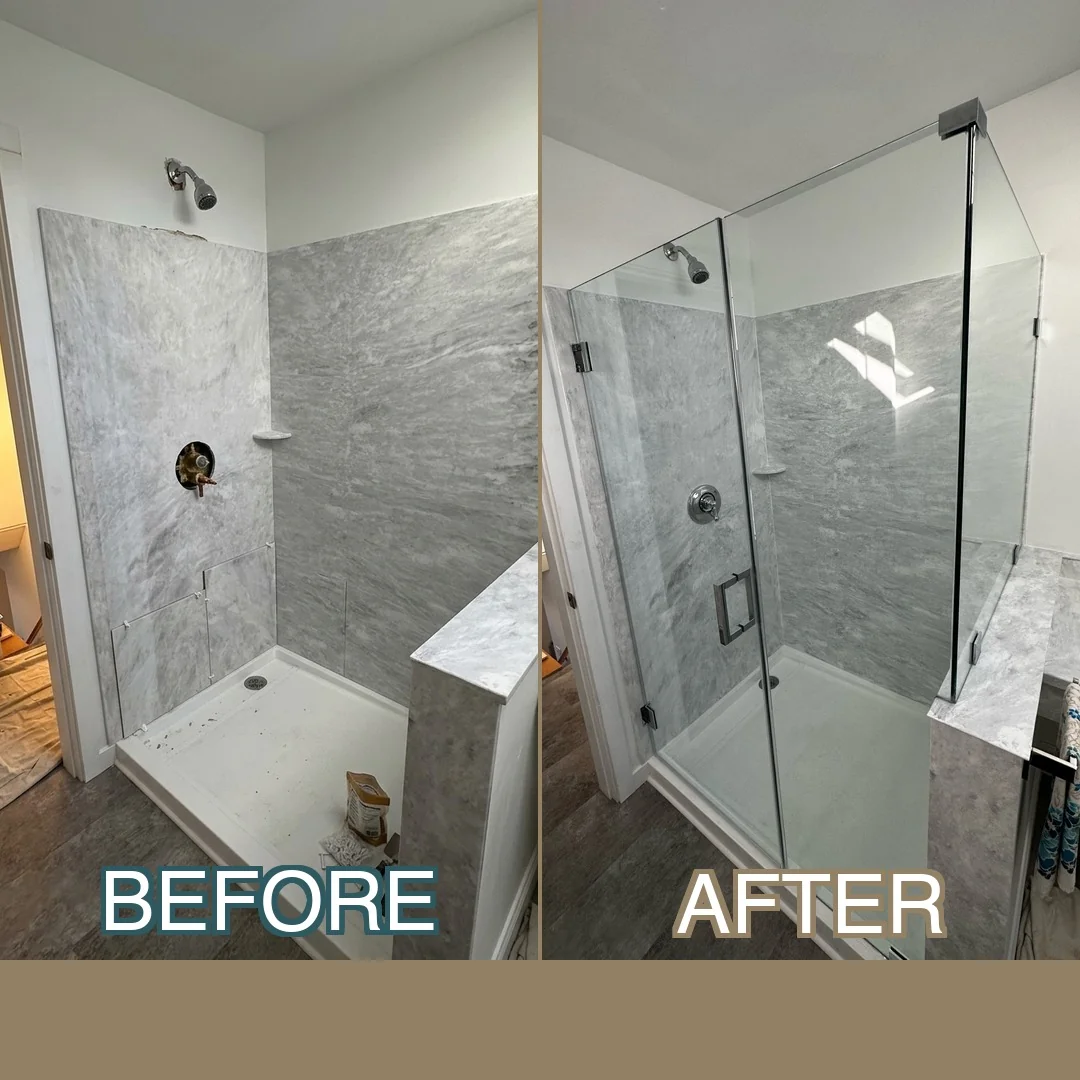 Before and after frameless pivot shower door with chrome hardware on large-format gray marble-look tile in Reading, MA